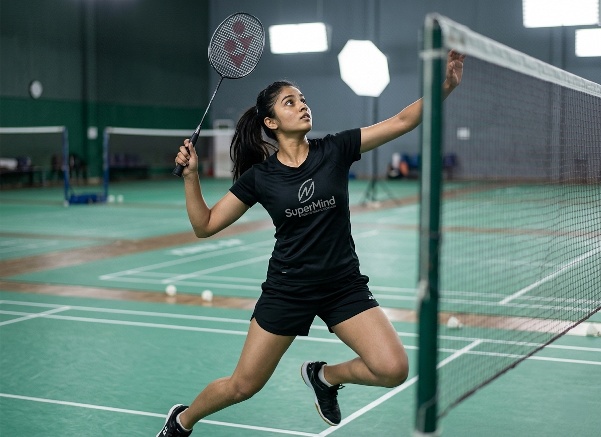 Badminton player jumping for a shot
